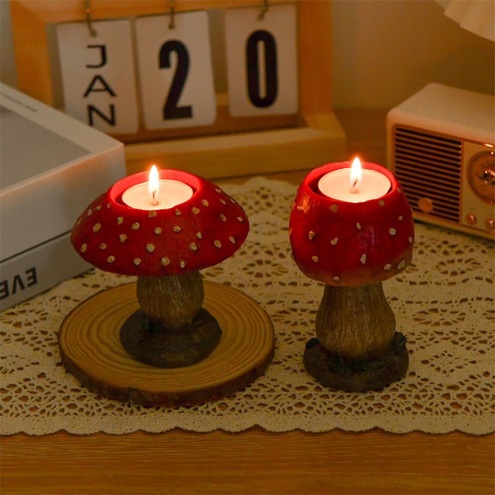 跨境新款一对立体蘑菇烛台摆件仿真红菇蜡烛托创意家居工艺品摆饰