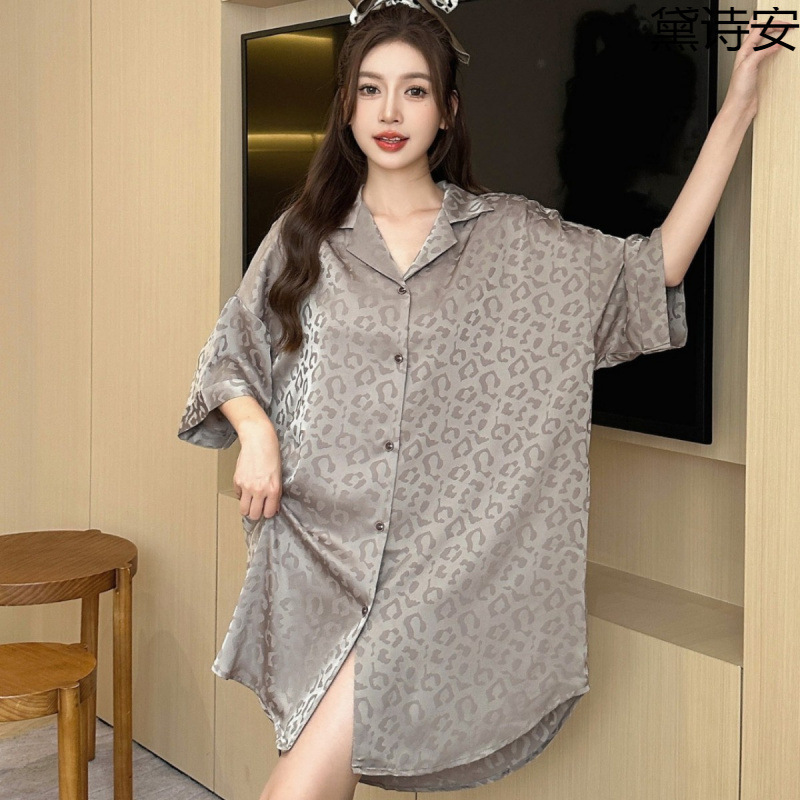 Daisian Russian Foreign Trade Leopard Print Jacquard Pajamas for Women, Spring and Autumn Style, Turn-Down Collar Cardigan, Plus Size Ice Silk Loungewear