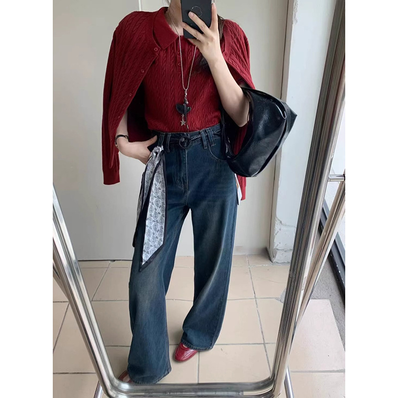 配丝巾复古水洗直筒弹力牛仔裤女秋季宽松洋气潮流时尚显瘦阔腿裤|undefined