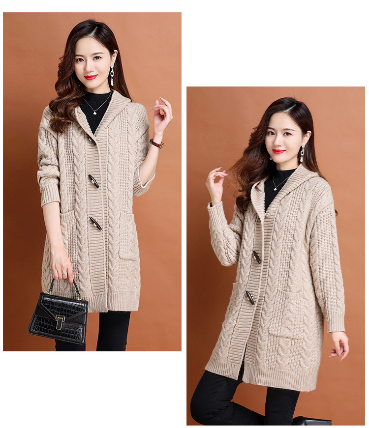 Women's horn button high-end sweater coat women's autumn and winter new versatile loose mid-length twisted hooded cardigan_voghion.com