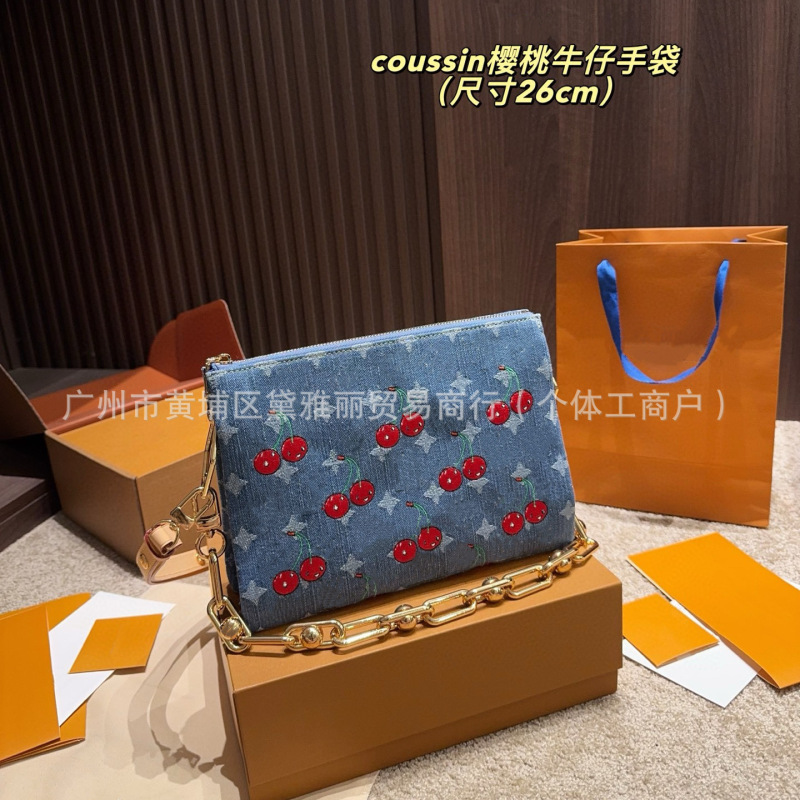 外贸爆款丹宁牛仔樱桃印花手提腋下包高级百搭单肩斜挎链条小方包|undefined