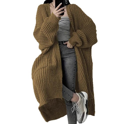 Korean style long over-knee sweater cardigan for women in autumn and winter new lazy style loose thickened knitted jacket for women