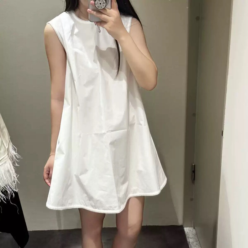 Cs Style 2026 Summer New White Sleeveless Women's Standard Fit Pleated Round Neck Tank Dress Mini Dress Cs Style 2026 Summer New White Sleeveless Women's Standard Fit Pleated Round Neck Tank Dress Mini Dress