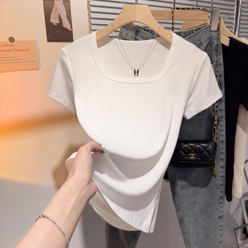 White Square-Neck T-Shirt for Women, Short-Sleeved, 2026 Summer New Style, Sweet and Youthful, High-End Feel, Slim Fit, Low-Neck Top