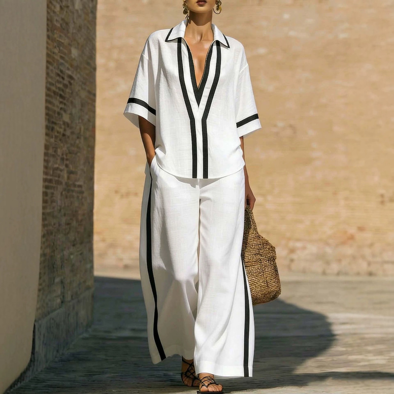 European and American Cross-Border Amazon Foreign Trade Women's Fashion Loose Casual Color-Block Short-Sleeve Shirt and Wide-Leg Pants Two-Piece Set