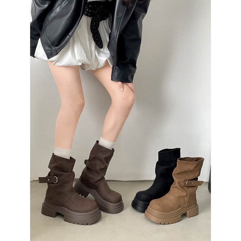 Retro British Style Thick-Soled Thick-Heeled Martin Boots for Women 2025 Summer New Maillard Trouser Short Boots Retro British Style Thick-Soled Thick-Heeled Martin Boots for Women 2025 Summer New Maillard Trouser Short Boots