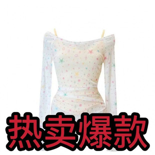 【】Sweet Star Print Long-Sleeved Shirt for Women, Slimming Look One-Shoulder Top, New Summer Style