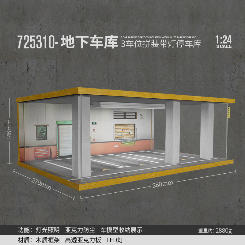 Comercio exterior al por mayor transfronterizo 1 24 simulación modelo de coche estacionamiento modelo escena garaje pantalla con decoración ligera