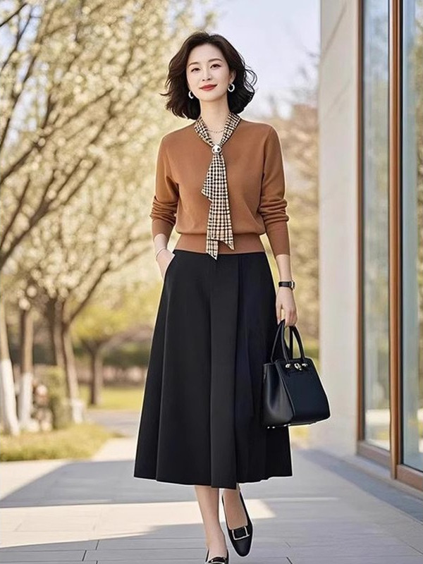 御姐轻熟风大码胖mm巨显瘦棕色针织衫半身裙子2025年新款女装套装|undefined