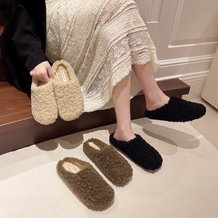Mao Mao Slippers Baotou Half-support 2024 Autumn New Flat Bottom Outer Wearing with Velvet Interior Warm Flat Heel Half-drag
