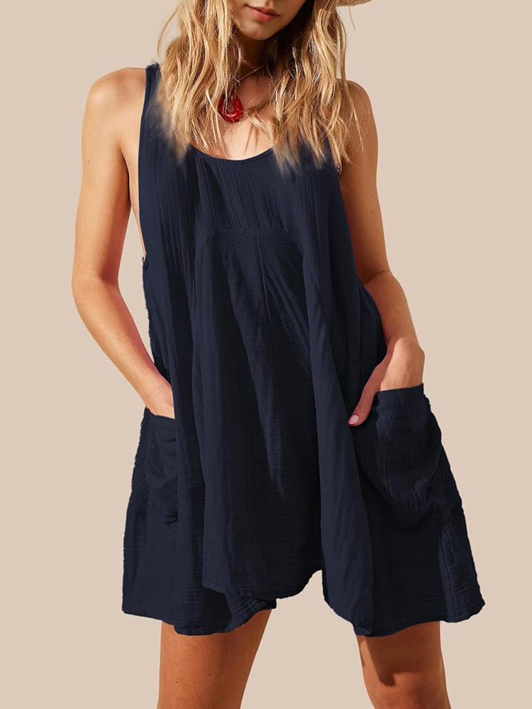 Spring Summer Casual Vacation Solid Color Patchwork Pocket Vest Dress Women Clothing