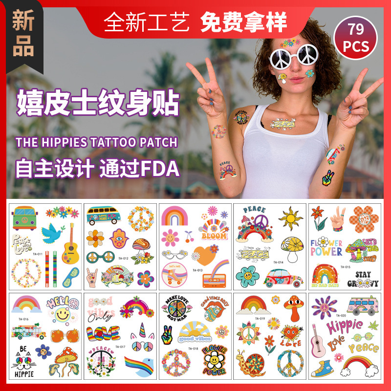Hippie tattoo sticker 70 s waterproof love and peace birthday party band flower power smiley face rainbow sticker Hippie tattoo sticker 70 s waterproof love and peace birthday party band flower power smiley face rainbow sticker