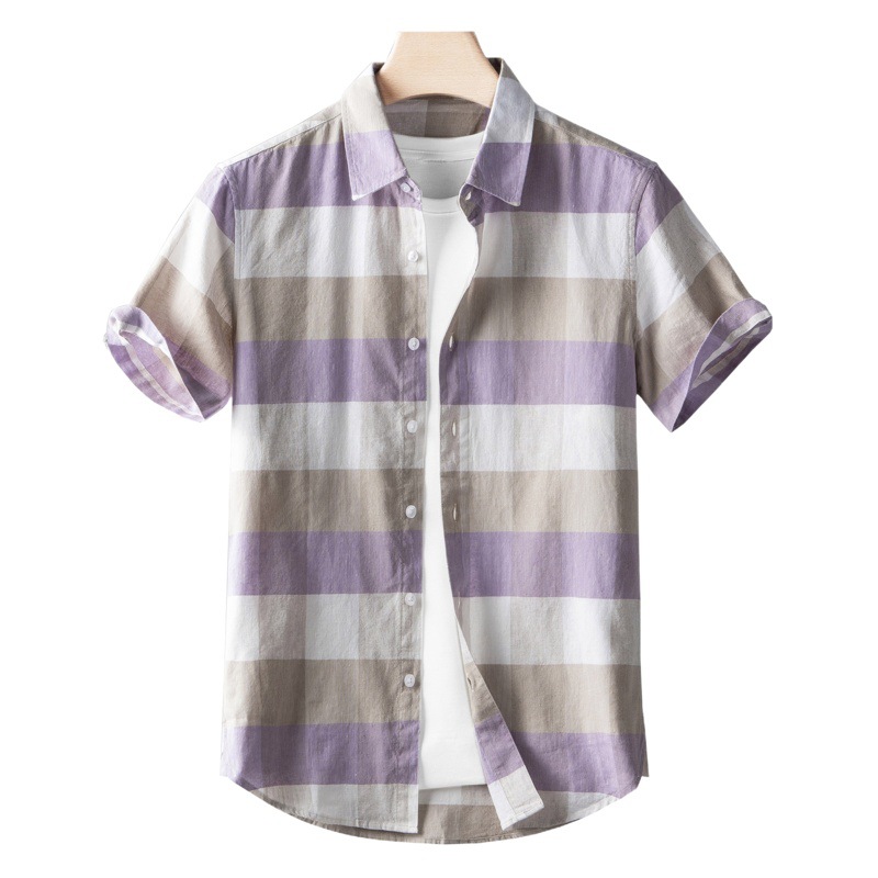 Camisa casual de lino juvenil Camisa de manga corta a cuadros a juego de color para hombre Camisa delgada a cuadros floral delgada de algodón y lino media manga verano