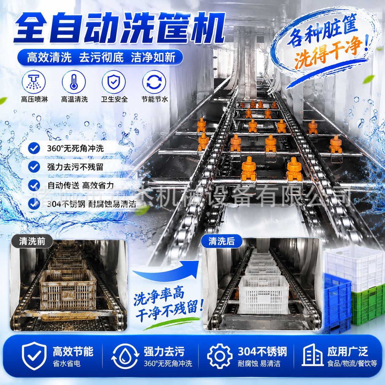 Fully Automatic Basket Washing Machine, Egg, Fruit, Vegetable, Food, Seafood Plastic Basket Tunnel-Type Turnover Basket Washing Line