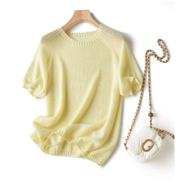 Japanese Paper Yarn Lyocell Knit Short-Sleeve Women's 2026 Summer Lightweight Short-Sleeve Round-Neck T-Shirt Knit Cover-Up Top Japanese Paper Yarn Lyocell Knit Short-Sleeve Women's 2026 Summer Lightweight Short-Sleeve Round-Neck T-Shirt Knit Cover-Up Top