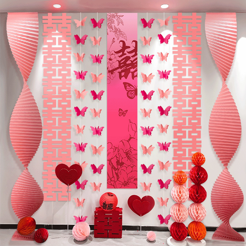 Pink Wedding Room Origami Waterfall Latte Art Decoration Wedding Arrangement Set Wedding Photo Background Long Strip Happy Word Hanging Cloth