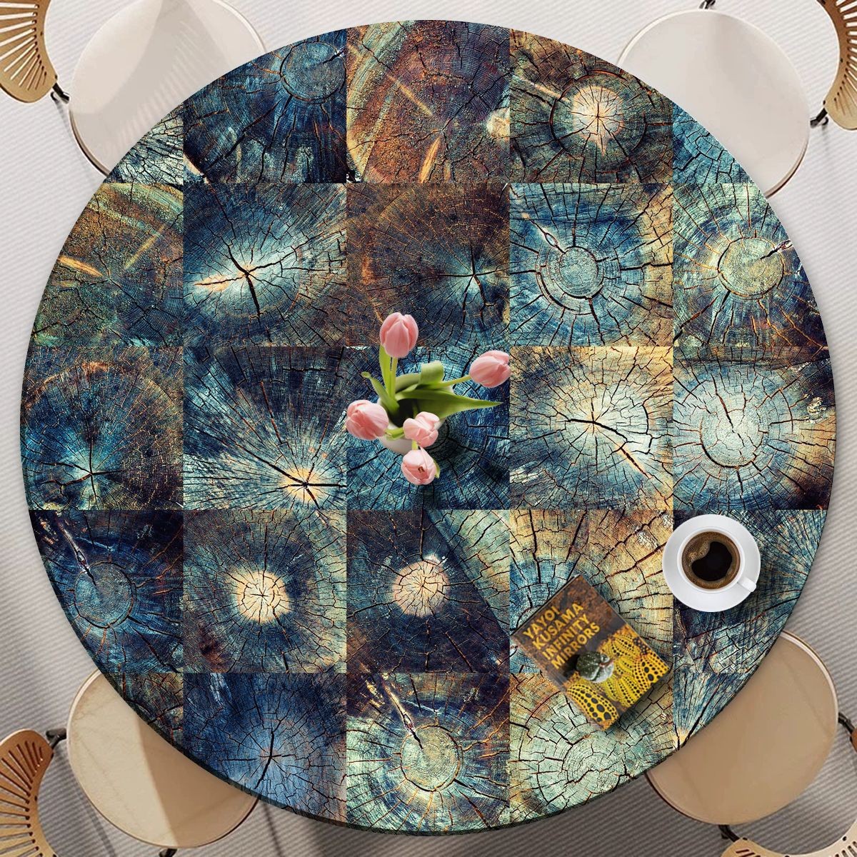 Cross-Border Hot Selling Wooden Texture Round Table Cover Tablecloth Printed Dining Round Tablecloth Dustproof and Waterproof Elastic Dining Table Cover