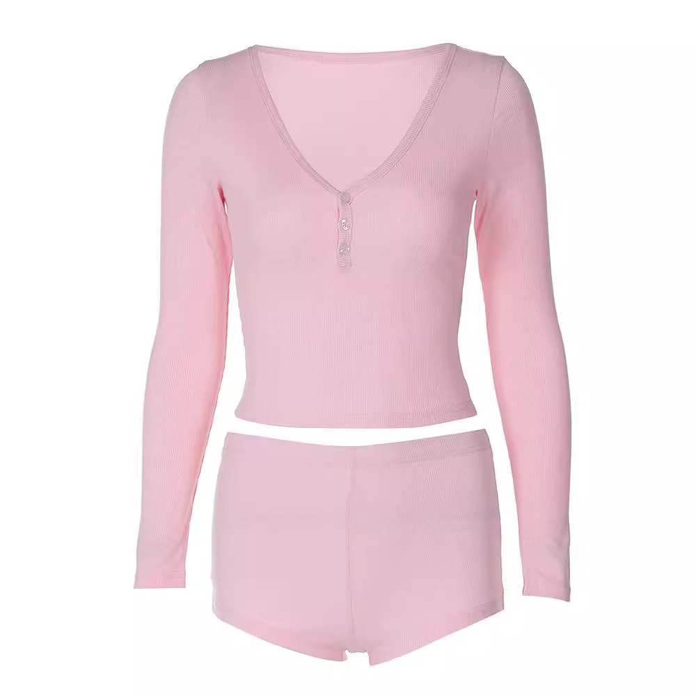 European And American Women's Sexy Low-Cut V-Neck Tight-Fitting Long-Sleeve Top Fashion Sports Style Ultra-Short Pants_ecoleips.com