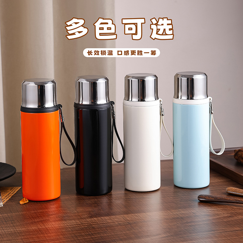 全钢盖定制保温杯500ml商务礼品水杯户外便携吊带提绳焖茶泡茶杯