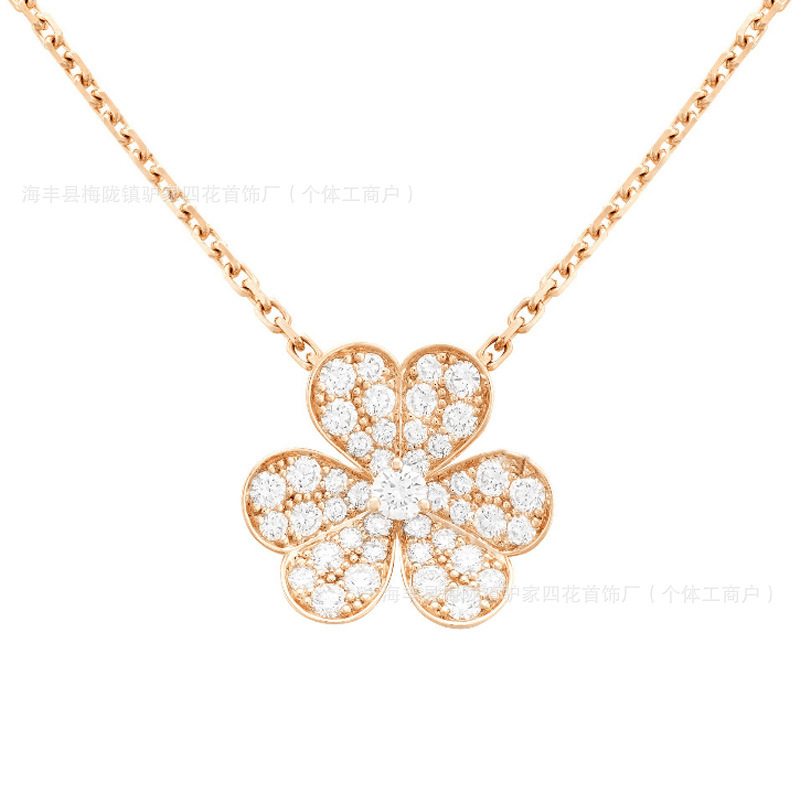 18Kローズゴールドメッキの花びらにダイヤモンドを散りばめたクローバーネックレス、シングルダイヤモンドの幸運の草イヤリング、骨チェーン、フラワーペンダント|undefined
