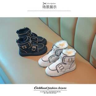 Children's Snow Boots 2024 Autumn and Winter New Style Velvet Thickeneded Warm Kidsren's Boots Velcro Leather Cotton Boots Dropshipping