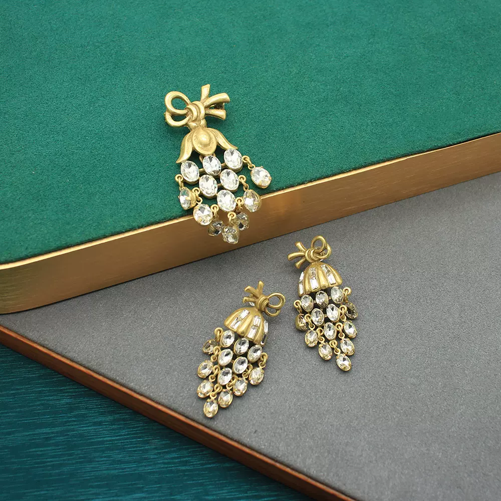 翠法丽中古套装葡萄锆石耳环胸针套装小众设计高级感女服饰配件