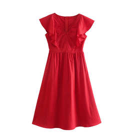 2023春外贸跨境批发欧美女装V领红色荷叶袖连衣裙长裙   8275