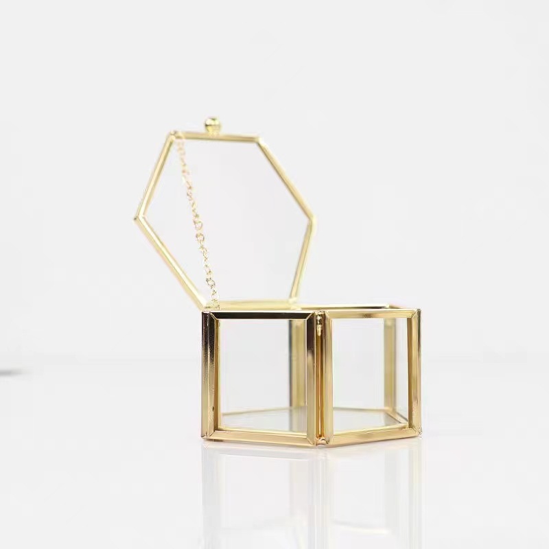 高档六棱戒指盒  黄金珠宝饰品盒 金色玻璃首饰收纳盒