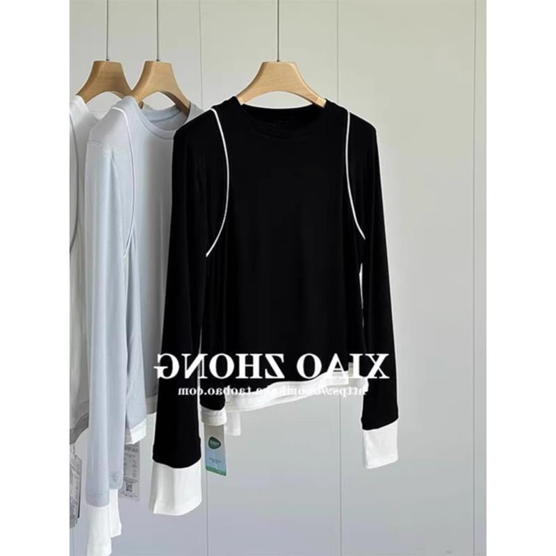 Li Huohuo Thin Spring Crewneck Stitching Contrast T-shirt Women's Fake Two-piece Inner Base Shirt Casual Long-sleeved Top Trendy Li Huohuo Thin Spring Crewneck Stitching Contrast T-shirt Women's Fake Two-piece Inner Base Shirt Casual Long-sleeved Top Trendy