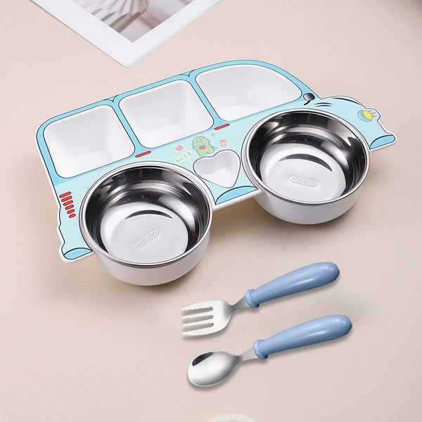 Blue car meal plate + B model [Blue spoon fork]