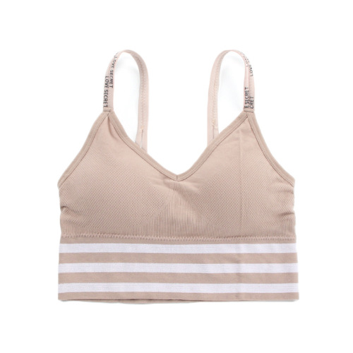 Seamless sports bra for women, fashionable English letter camisole, striped wrap top, no rims, beautiful back bra