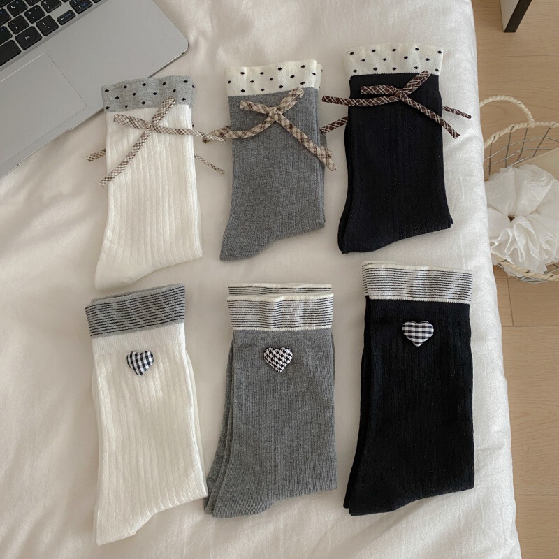Heart Bowknot Socks for Women, Autumn/Winter Color-Block Slouch Socks, Cotton, Breathable, Seamless, Solid Color, Mid-Calf Women's Socks