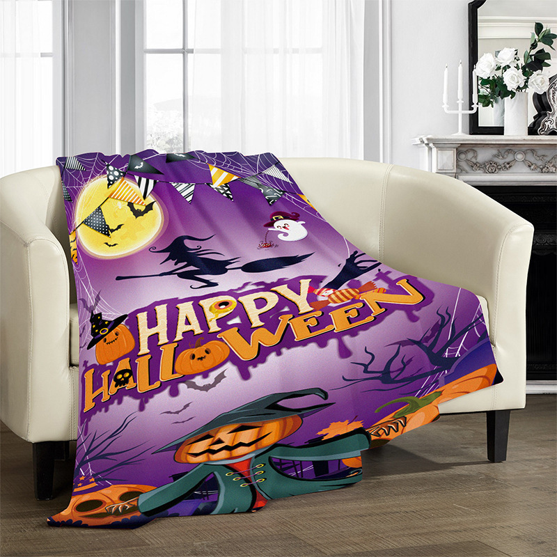 跨境新品 万圣节家居室内外紫色沙发盖毯南瓜图案法兰绒毛毯套装