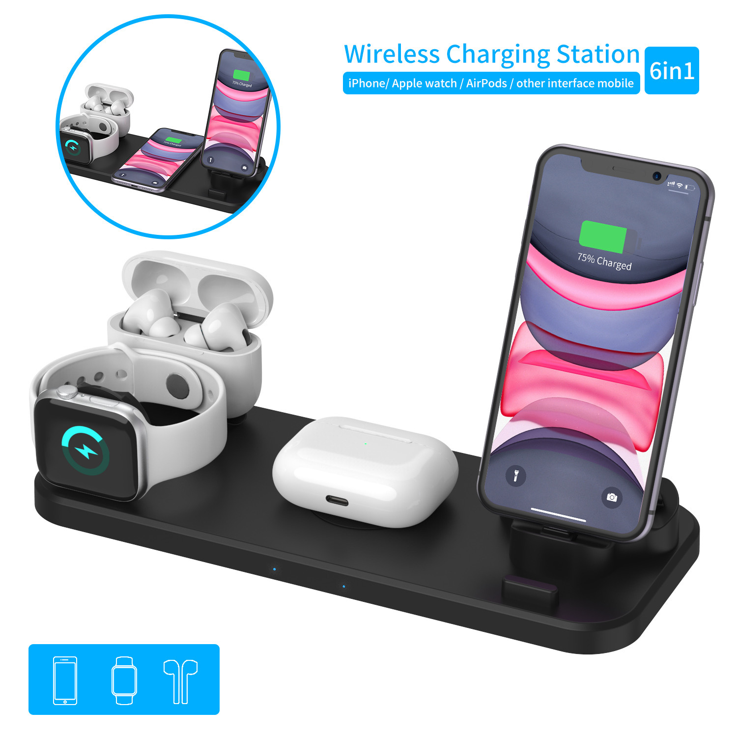 D6 Six-in-one Wireless Charger Mobile Phone Watch Wireless Charging Stand Desktop Wireless Charger 10W Fast Charge