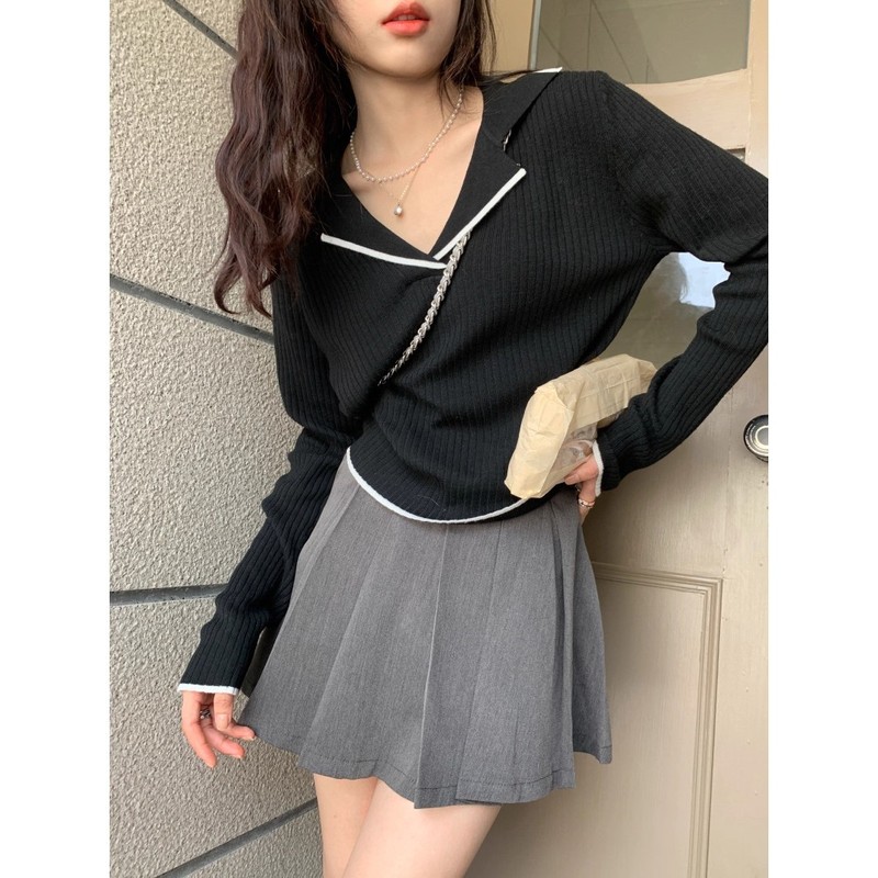 V领长袖毛衣女设计感小众秋冬季套头翻领修身内搭打底针织衫上衣|undefined