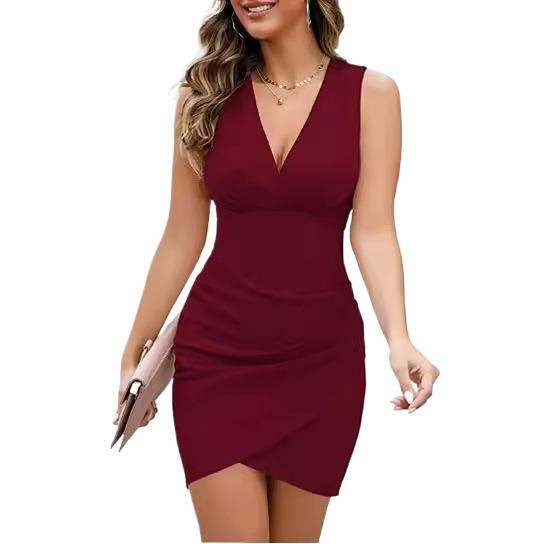 European and American Cross-Border 2025 New Women's Deep V-Neck Sleeveless Artificial Wrap Pleated Tight Fashion Party Dress European and American Cross-Border 2025 New Women's Deep V-Neck Sleeveless Artificial Wrap Pleated Tight Fashion Party Dress