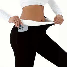 跨境爆款口袋加绒打底裤仿羊羔绒高腰高弹瑜伽保暖裤健身裤骑行裤