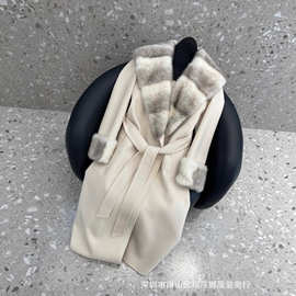 秋冬新款双面羊绒大衣女中长款外套名缓大翻领袖口水貂毛中长款