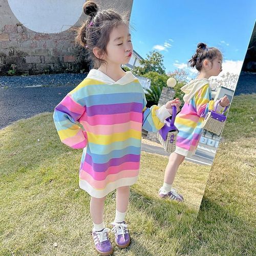 Girls' Health Check Dress 2025 Autumn Baby Girls Korean Version Stylish Medium Length Rainbow Striped Children's Dress