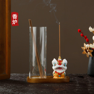 Creative Incense Burner Glass Incense Holder Chinese Style Resin Lion Awakening Incense Stick Solid Wood Figure-Eight Incense Tray Sandalwood Agarwood Incense Burner