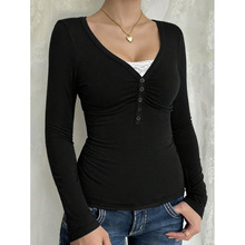 E 34488 V-neck button knit T-shirt V ��Ŧ����֯ T ���羳