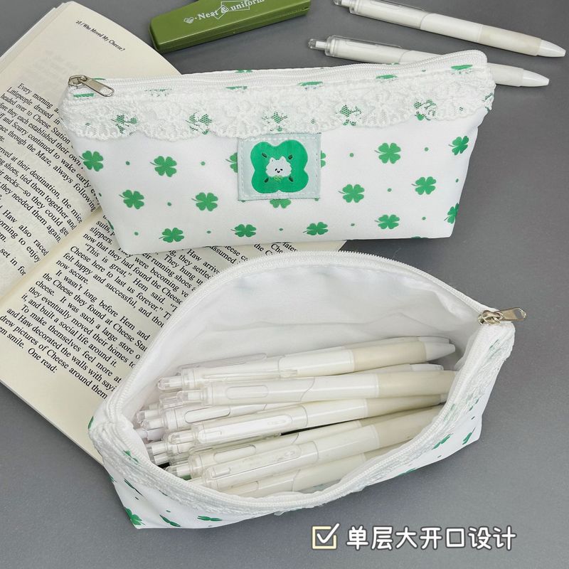 可爱幸运四叶草蕾丝边笔袋ins少女心收纳包高颜值大容量铅笔袋|undefined
