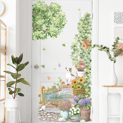 Wholesale cat potted plants green leaves door wall stickers self-adhesive waterproof entrance hall fresh tree wall decoration cloth