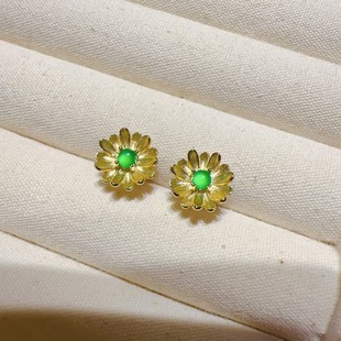 Natural Dangerous Material Jade Yang Green Egg Noodles S925 Sterling Silver Golden Daisy Earrings for Commuter All-match Earrings Earrings