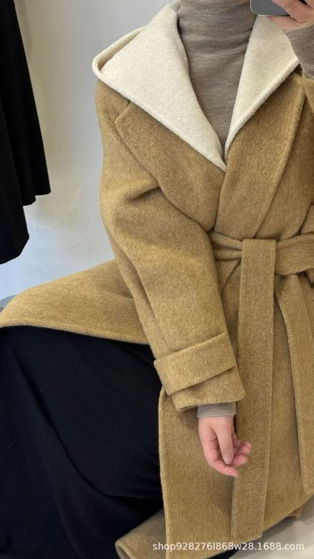 羊毛大衣女濮院秋冬韩版连帽加长款浴袍休闲系带宽松双面羊毛风衣|undefined