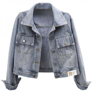 2023 New Light Blue Patch Denim Jacket Women's Short Korean Style Loose Spring & Fall Versatile Tops for Small People Trendy