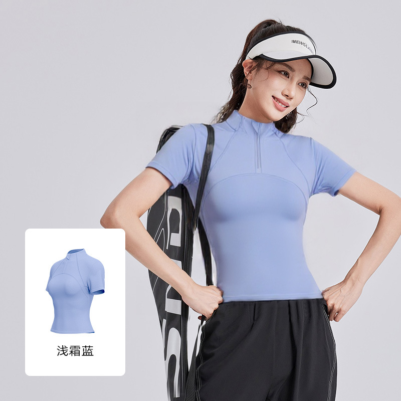 Juyi Tang primavera y verano nuevo estilo al aire libre correr yoga camiseta de manga corta con medio cremallera adelgazante alta ropa de fitness elástica