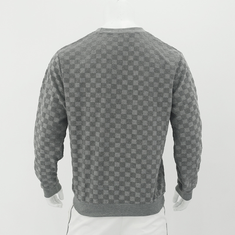 2024 Men's Spring and autumn  men's knitted shirt with jacquard chessboard plaid round neck casual bottom long sleeved top_voghion.com