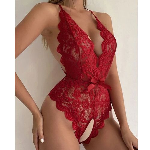 Cross-border women's trendy lingerie, new European and American style, open-crotch, halter-neck, sexy backless lace bodysuit—wholesale