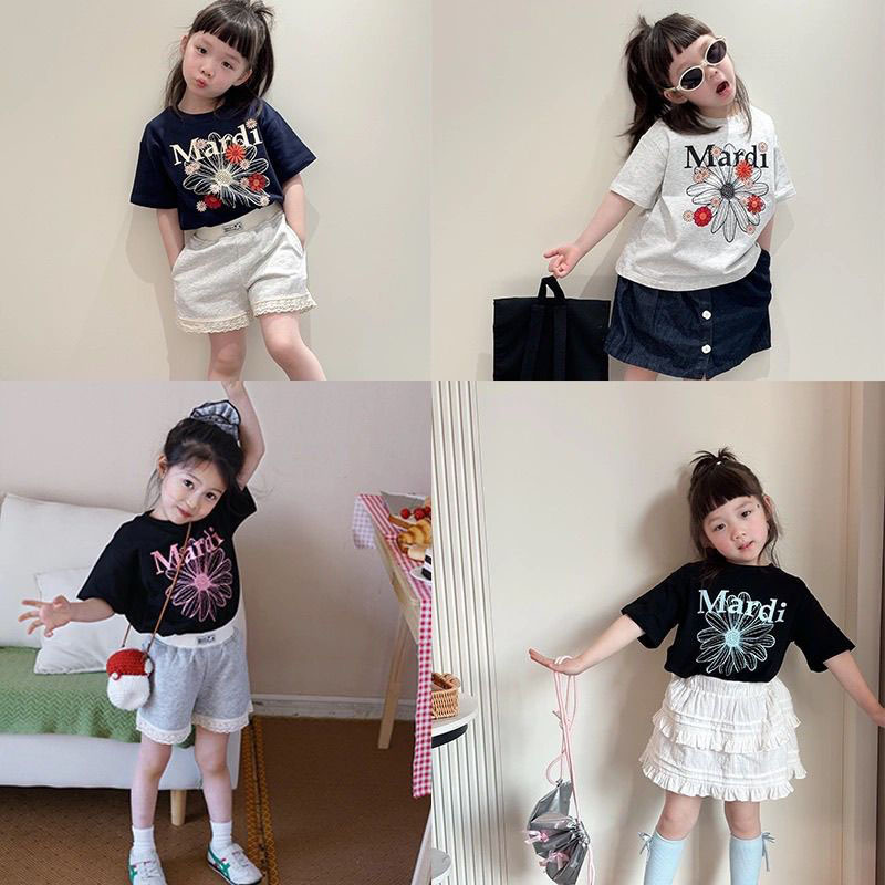 Children's Clothing for Girls 2025 New Style Short-Sleeved T-Shirt, Stylish and Fashionable for Baby Girls, Mardi Daisy Blue, Super Nice